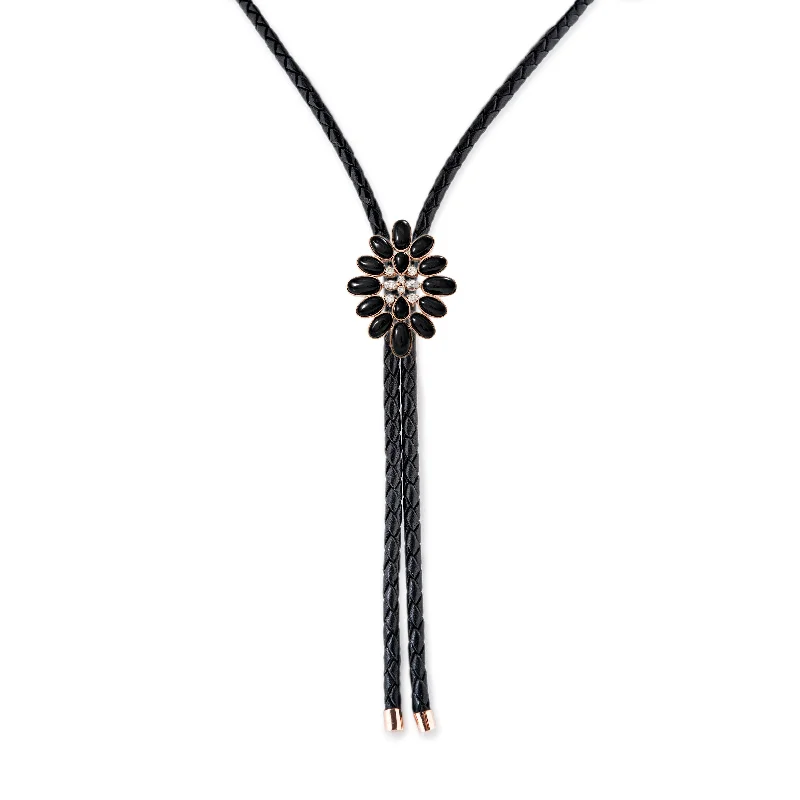 DIAMOND + ONYX BLOSSOM LEATHER BOLO NECKLACE