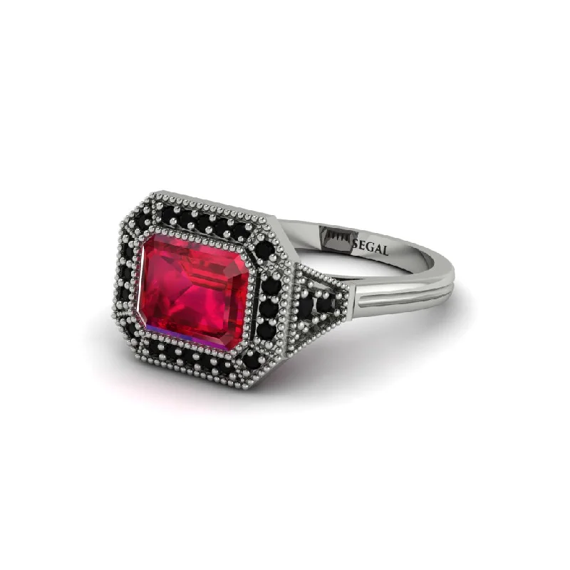 Bold Engagement Rings For Creative Proposals-Emerald Cut Ruby Milgrain Halo Engagement Ring - Juniper No. 42