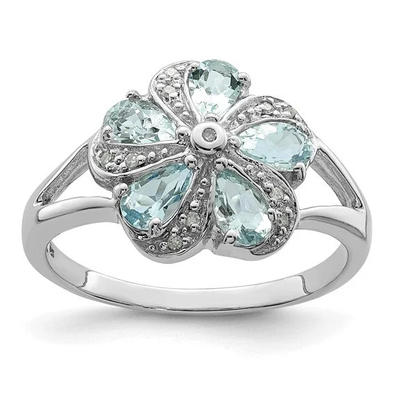 Beautiful Wedding Rings For Elegant Brides-Sterling Silver Genuine Aquamarine Diamond Flower Ring