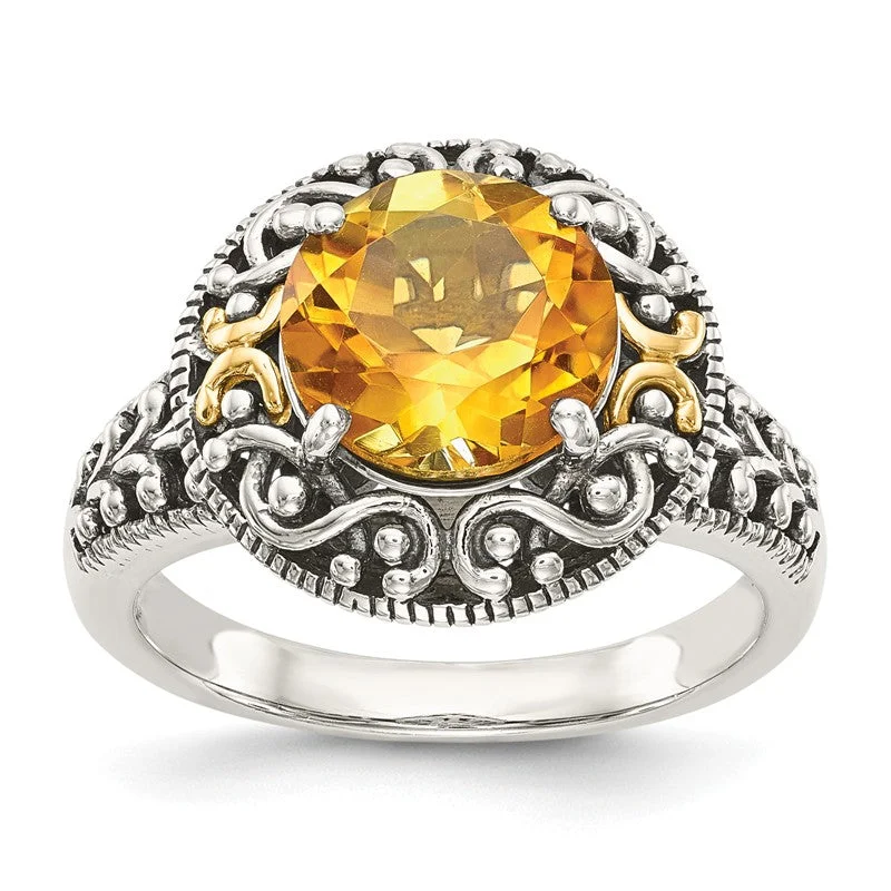 Beautiful Vintage-Inspired Wedding Rings For Classic Brides-Shey Couture Sterling Silver w/ 14k Gold Accents Round Natural Citrine Ring