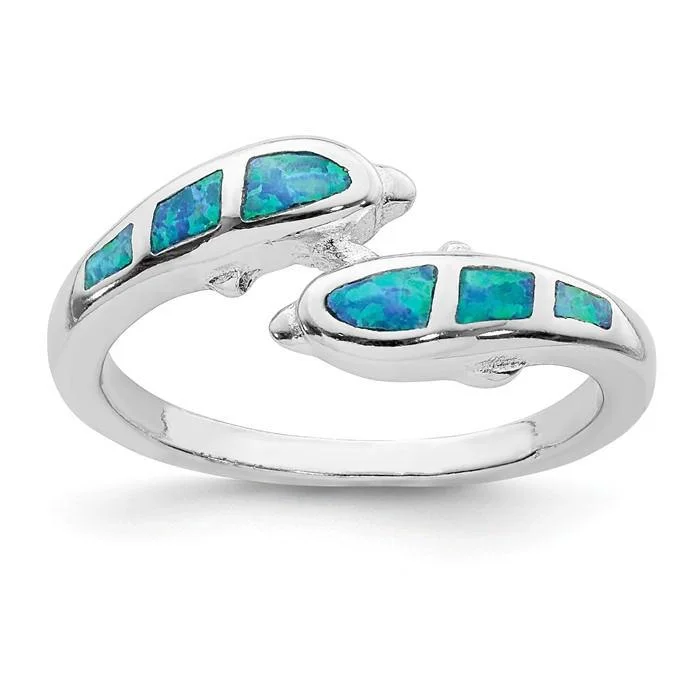 Elegant Rose Gold Rings For Elegant Fashion-Sterling Silver Created Blue Opal Dolphins Ring