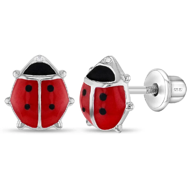 Unique Earrings For Creative Fashion-Adorable Red Enamel Ladybug Girl Earrings - Screw Back