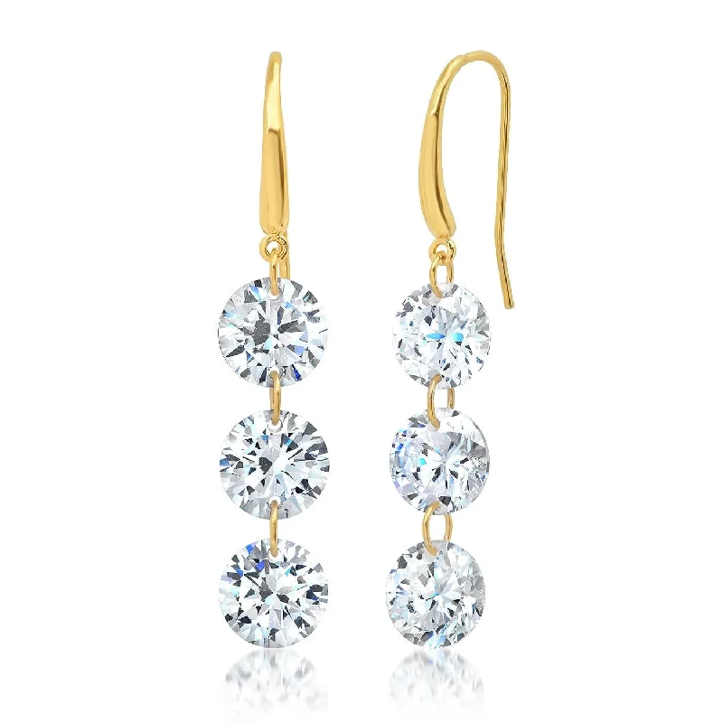 Sparkling Earrings For Wedding Day Glam-Gold Plated 3 Clear CZ Drop Earrings