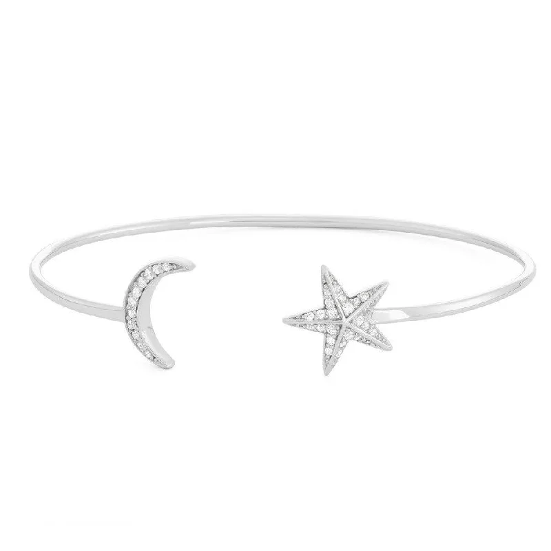 Colorful Gemstone Bangles For Bold Fashion-Sterling Silver CZ Crescent Moon and Star Open Cuff Bangle