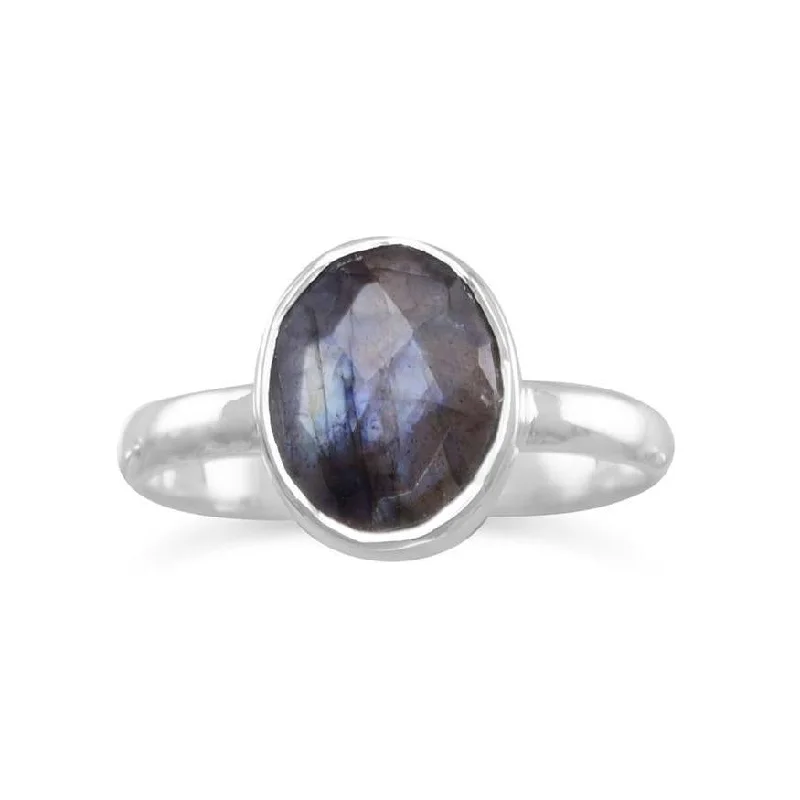 Timeless Wedding Rings For Memorable Moments-Sterling Silver Labradorite Bezel Set Oval Faceted Stackable Ring