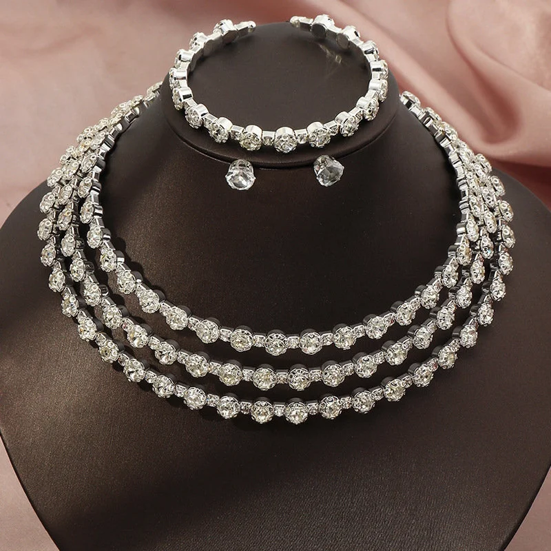 4 Pcs SILVER 3 Layer SILVER (Necklace, Stud Earrings & Cuff bracelet) JS-022