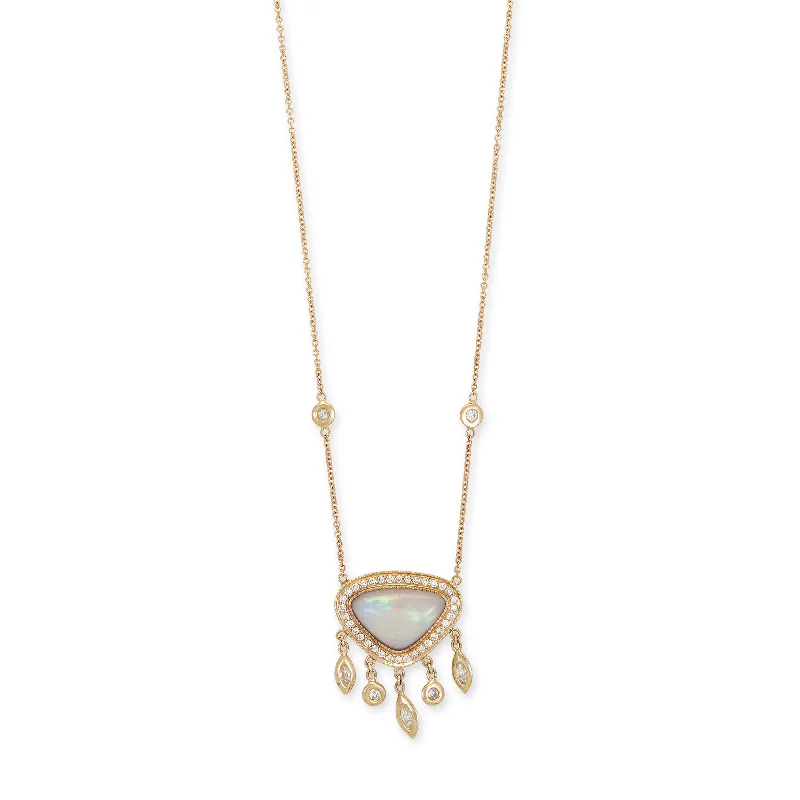 SMALL PAVE WHITE OPAL TRILLION + MARQUISE AND ROUND DIAMOND SHAKER NECKLACE