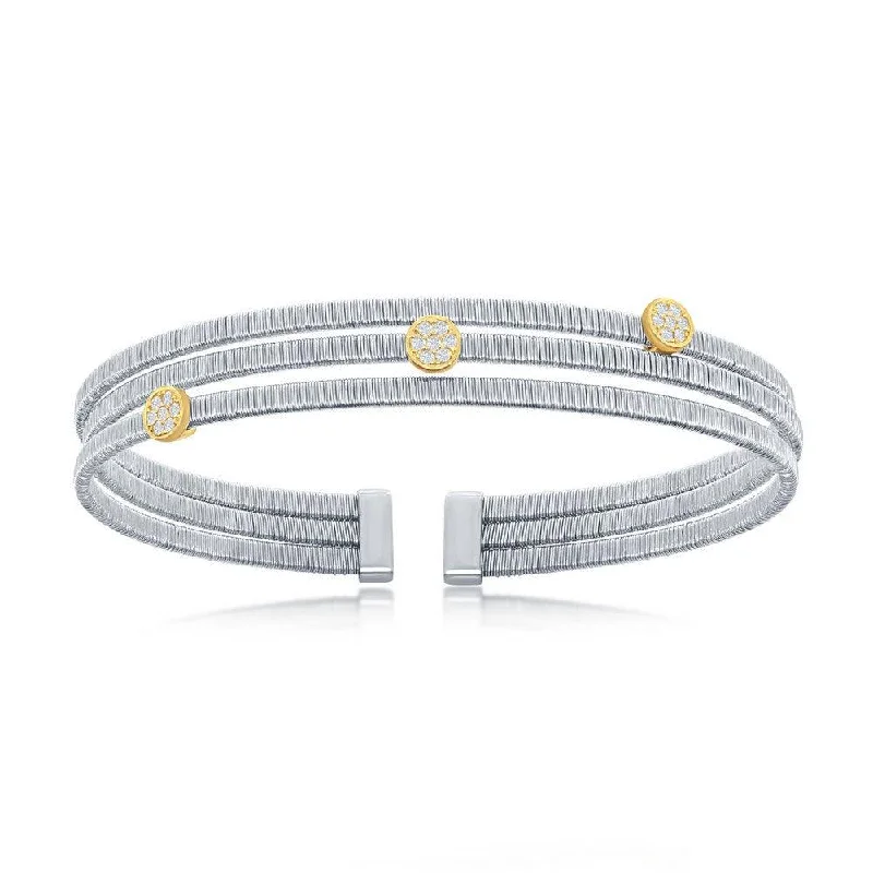 Bold Beaded Bangles For Creative Fashion-Sterling Silver Bonded with 14K GP CZ Bars Triple Wire Bangle