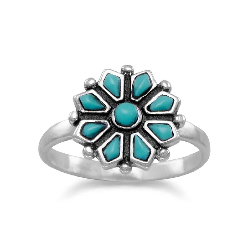 Simple Diamond Rings For Subtle Elegance-Sterling Silver Reconstituted Turquoise Flower Ring