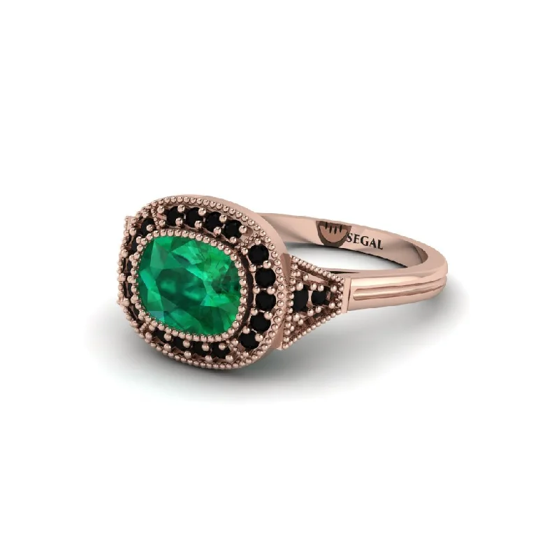 Trendy Titanium Rings For Contemporary Style-Cushion Cut Emerald Milgrain Halo Engagement Ring - Blake No. 35