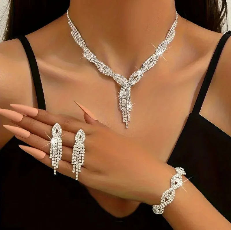 4pcs SILVER Jewelry Set l Rhinestone Earrings l Necklace l Bracelet l Prom l Wedding JS-906