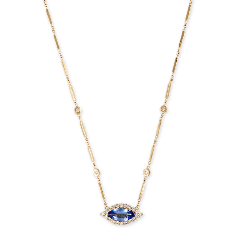 PAVE TANZANITE CENTER EYE DIAMOND SMOOTH BAR NECKLACE