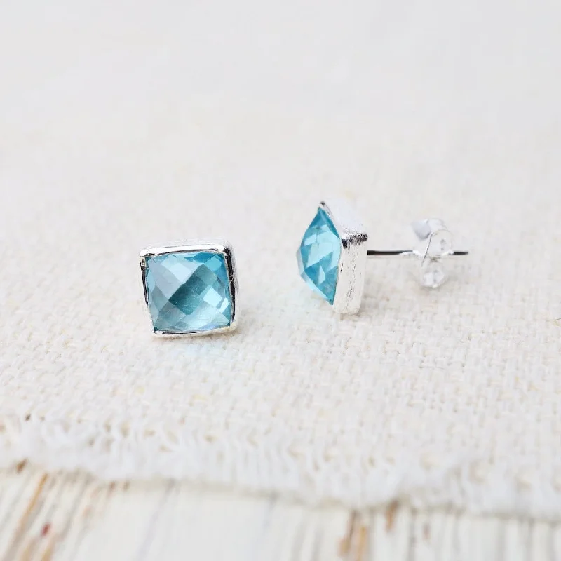 Gold Earrings For Stylish Women-Silver Square Madeline Stud Earrings - Blue Topaz