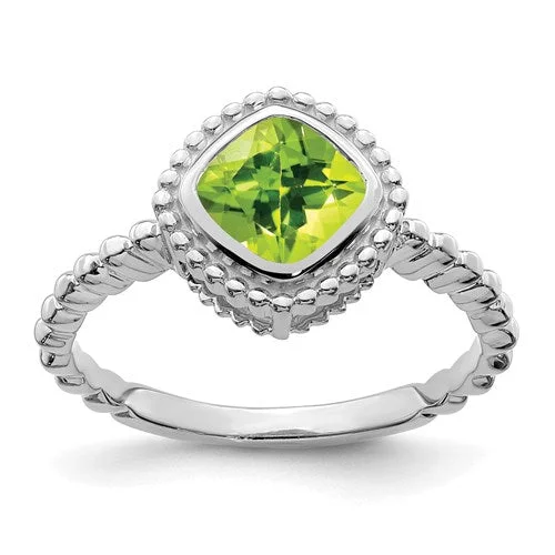 Beautiful Engagement Rings For Romantic Proposals-10k or 14k White Gold Cushion Peridot Bezel Set Beaded Design Ring