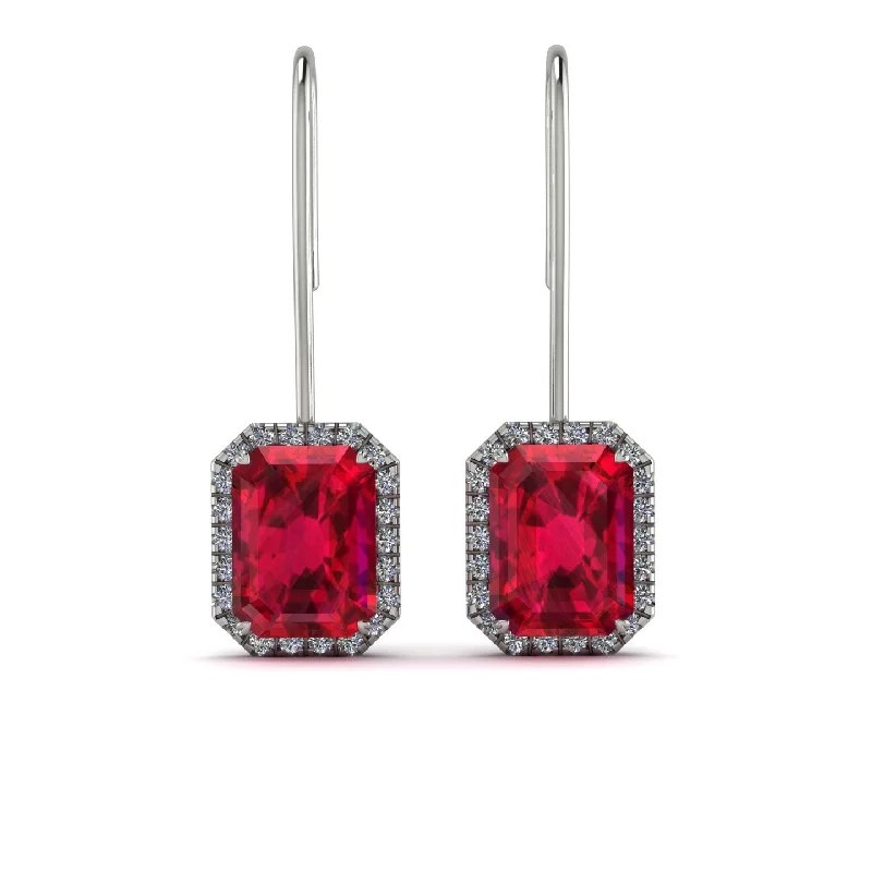 Fun Earrings For Playful Style-Halo Emerald Cut Ruby Earrings - Izabella No. 12