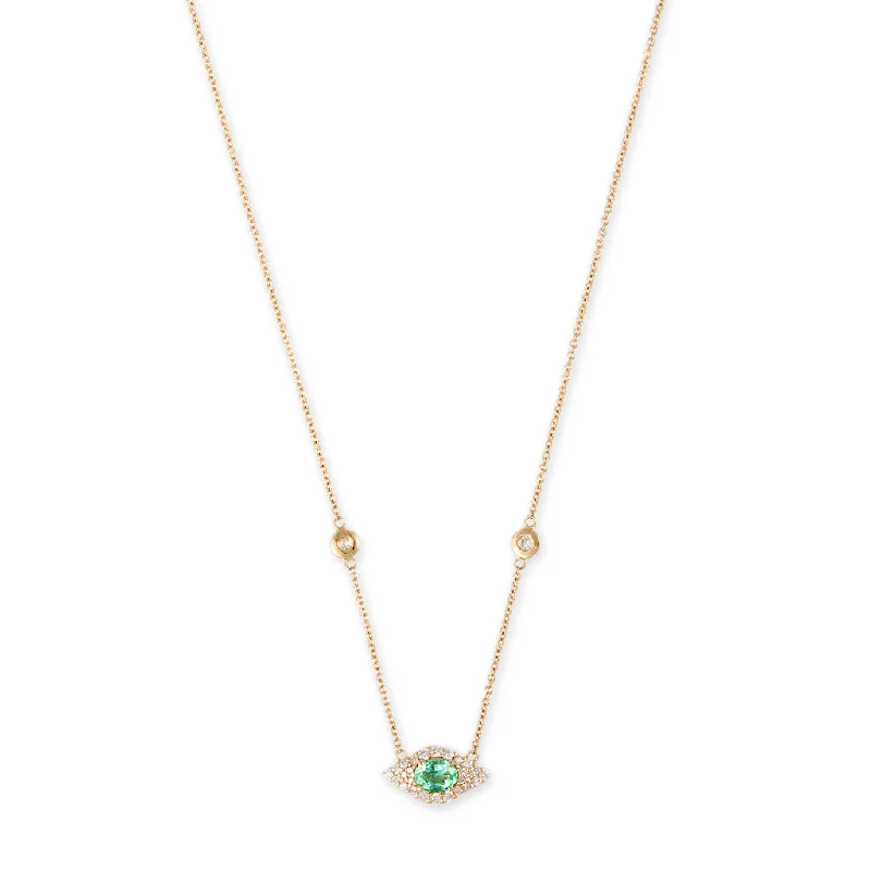 SMALL PAVE EMERALD OVAL CENTER EYE DIAMOND NECKLACE