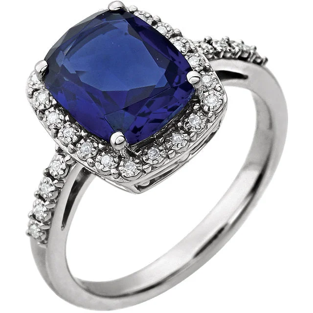 Classic Solitaire Engagement Rings For Timeless Appeal-14k White Gold 10x8 Antique Cushion Created Blue Sapphire & Diamond Halo Ring