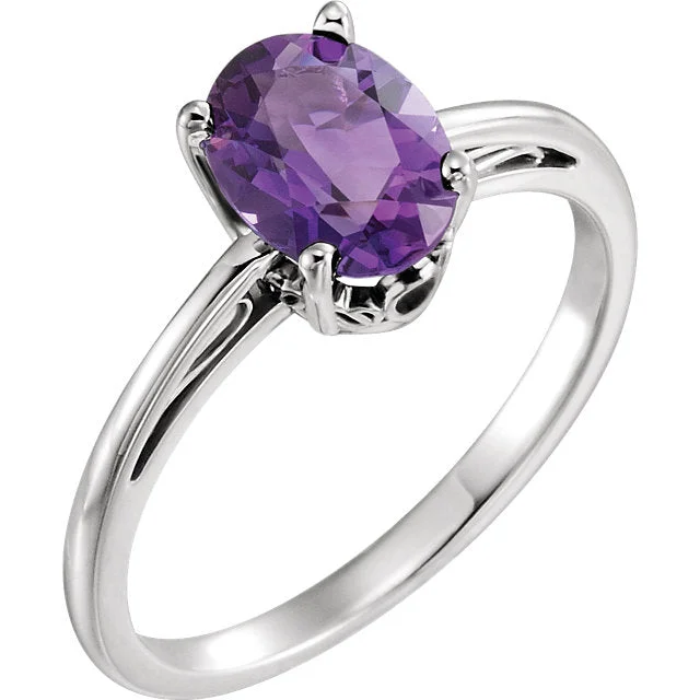 Custom Wedding Rings For Special Occasions-14K White Gold Oval Amethyst Scroll Set Ring