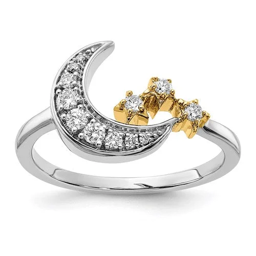 Gorgeous Diamond Rings For Engagement Glam-14k White and Yellow Gold Moon with Stars Diamond Ring