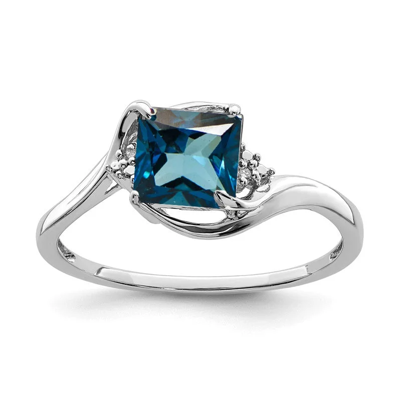 Beautiful Diamond Rings For Bridal Glam-Sterling Silver Diamond & London Blue Topaz Princess Cut Ring