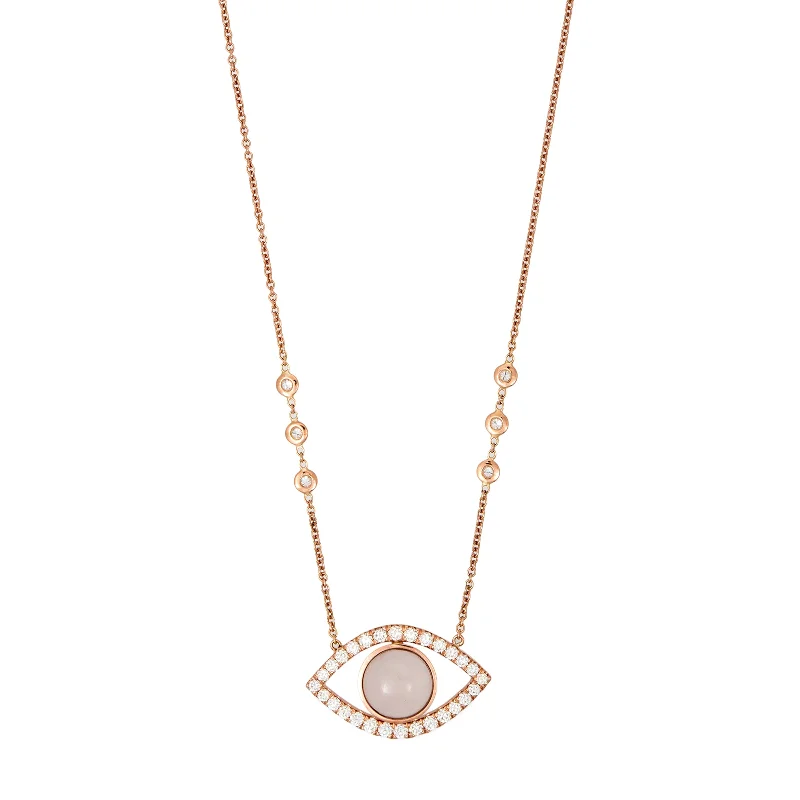 LARGE PAVE ROSE QUARTZ CENTER OPEN EYE DIAMOND NECKLACE