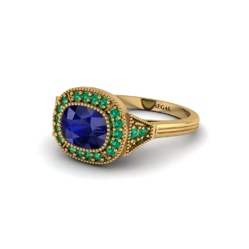 Stunning Gold Wedding Bands For Timeless Style-Cushion Cut Sapphire Milgrain Halo Engagement Ring - Blake No. 28