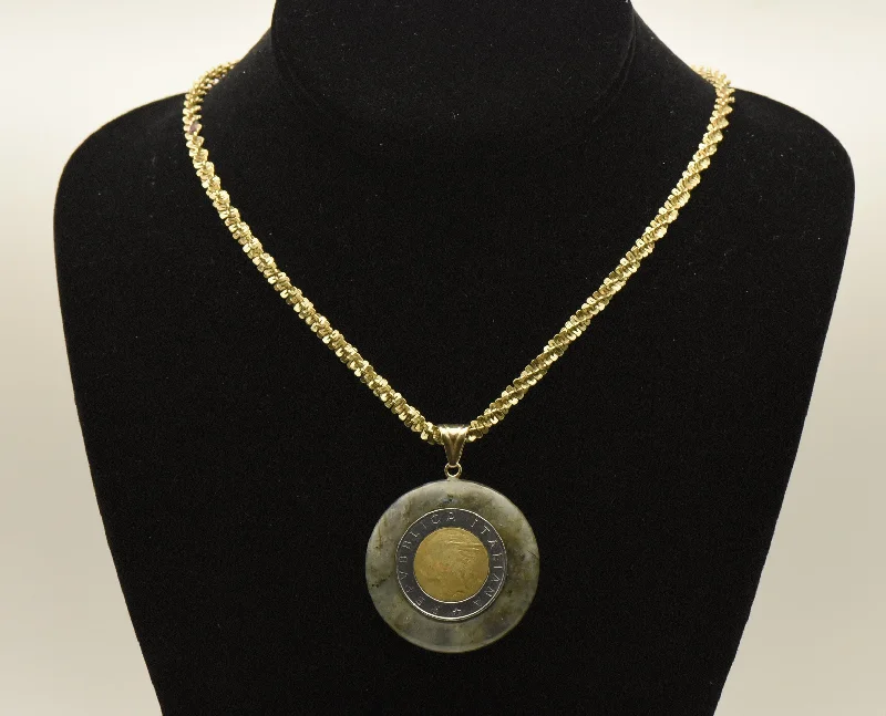 Milor - Vintage 14k Gold Labradorite Italian Lira Pendant on Tinsel Link Sterling Necklace - 18"