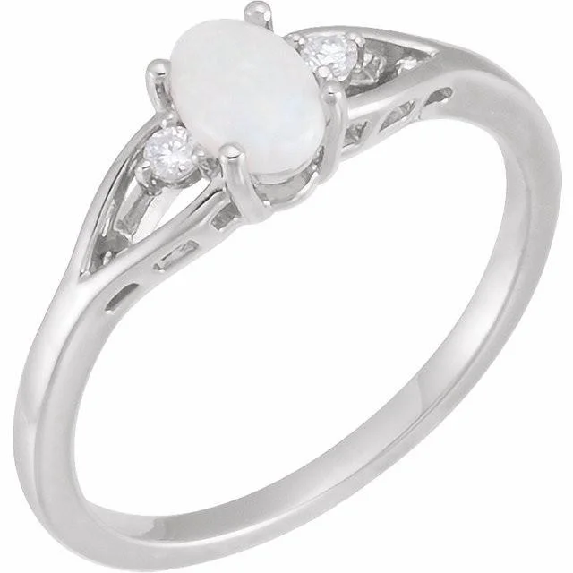 Classic Wedding Rings For Bridal Fashion-14K Rose, Yellow or White Gold Genuine White Opal Diamond Ring