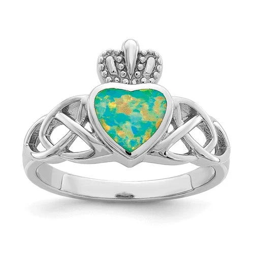 Classic Stackable Rings For Layered Fashion-Sterling Silver Lab Created Opal Heart Crown Claddagh Ring