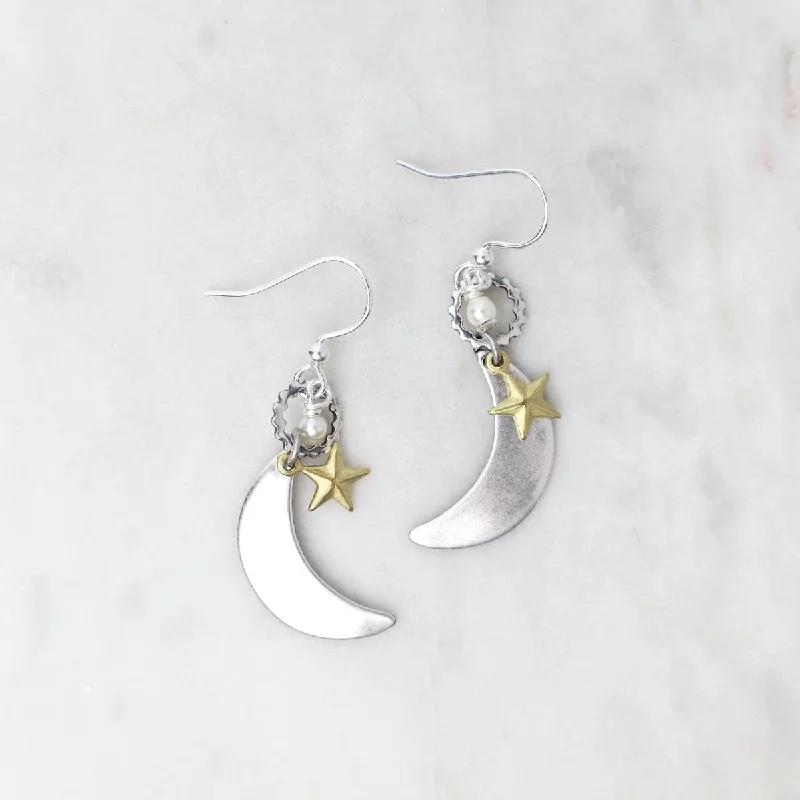 Handmade Earrings For Unique Charm-Silver Moon with Gold Star Earrings