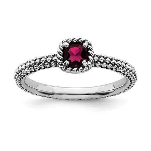 Luxury Custom Rings For Personalized Jewelry-Sterling Silver Stackable Expressions Cushion Cut Ruby Ring