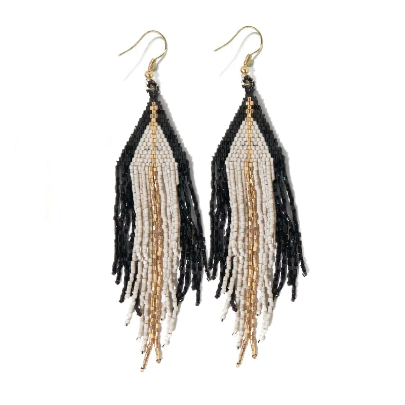 Affordable Silver Earrings For Chic Style-Jane Triangle with Gold Stripe Beaded Fringe Earrings