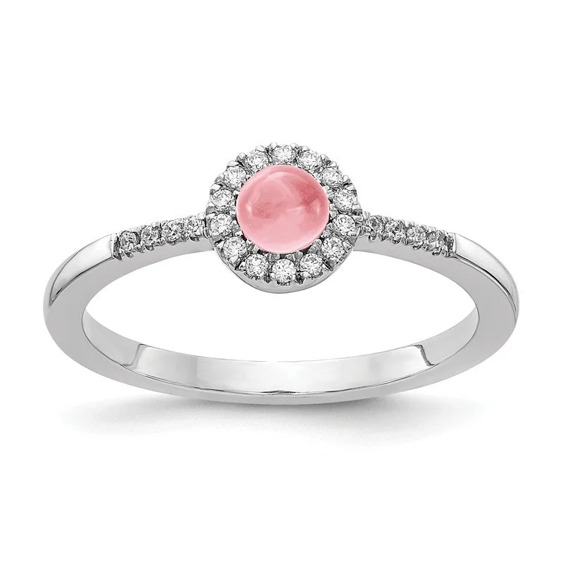 Classic Engagement Rings For Elegant Glam-14k White Gold Diamond Halo And Round Pink Tourmaline Cabochon Ring