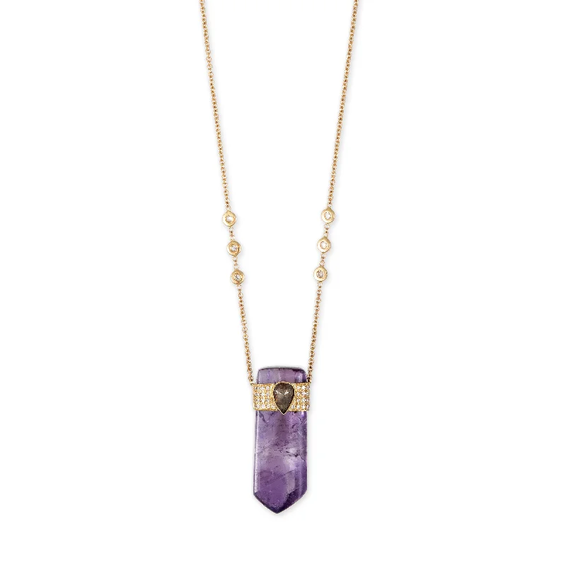 PAVE ROSE CUT DIAMOND CENTER CAP AMETHYST POINTED CRYSTAL NECKLACE