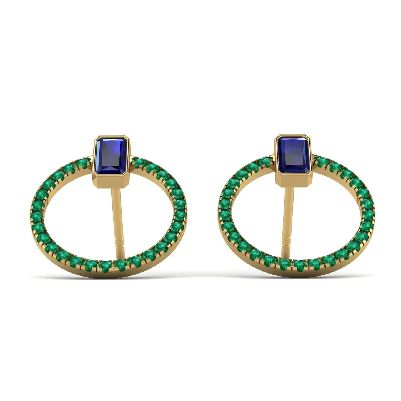 Large Gold Earrings For Statement Style-Emerald Cut Circle Sapphire Earrings - Oaklyn No. 28