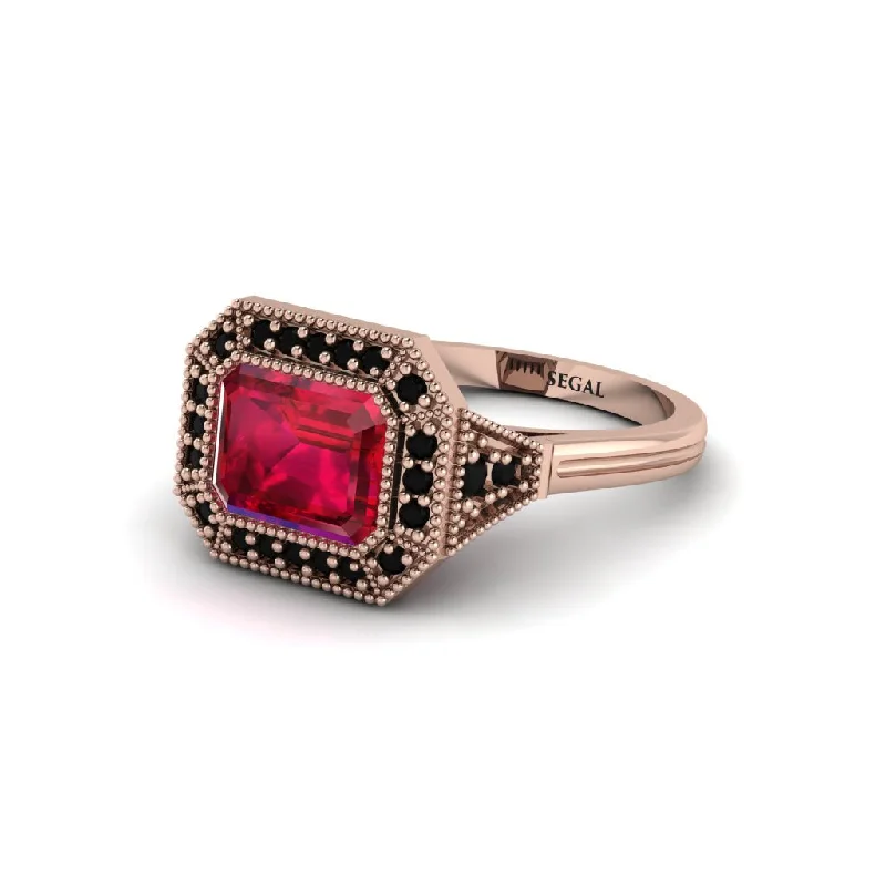 Luxury Gold Rings For Special Celebrations-Emerald Cut Ruby Milgrain Halo Engagement Ring - Juniper No. 41