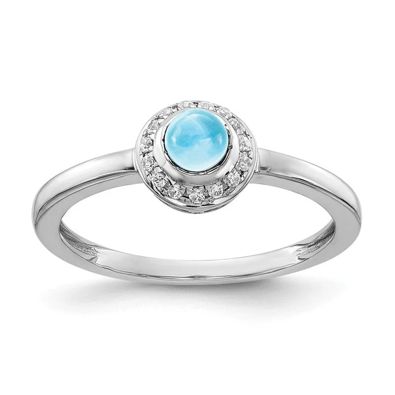 Custom Wedding Bands For Unique Fashion-14k White Gold Diamond Halo And Round Swiss Blue Topaz Cabochon Ring