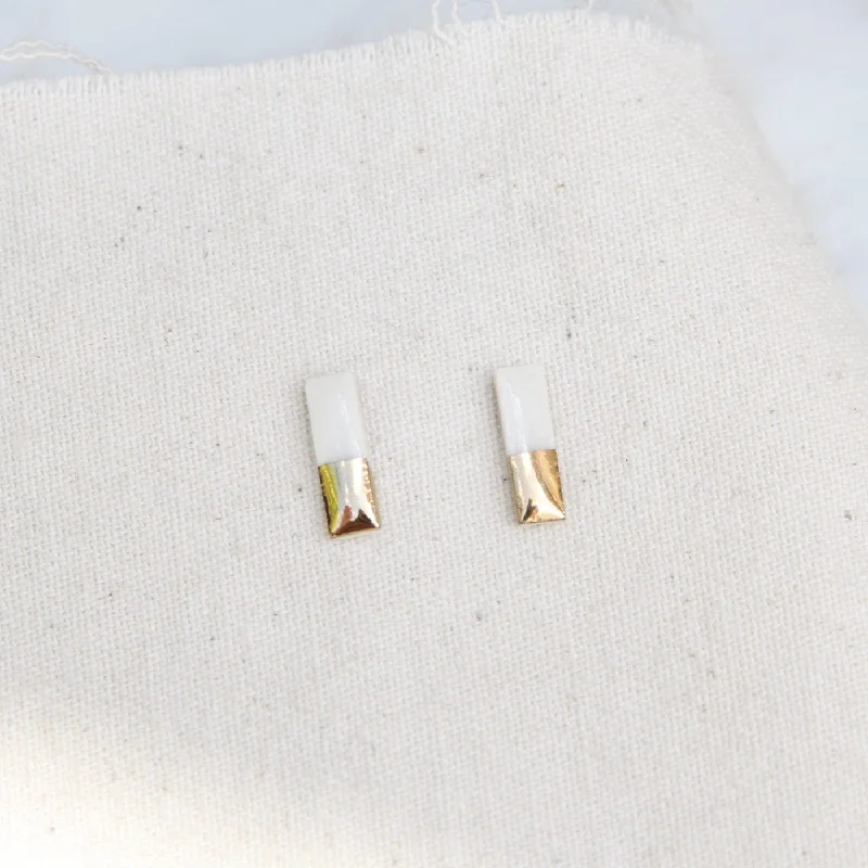 Luxury Silver Earrings For Sophisticated Glam-White Gold Dipped Bar Stud Earrings