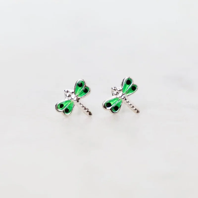 Handcrafted Earrings For Unique Style-Enamel Dragonfly Post Earrings in Green