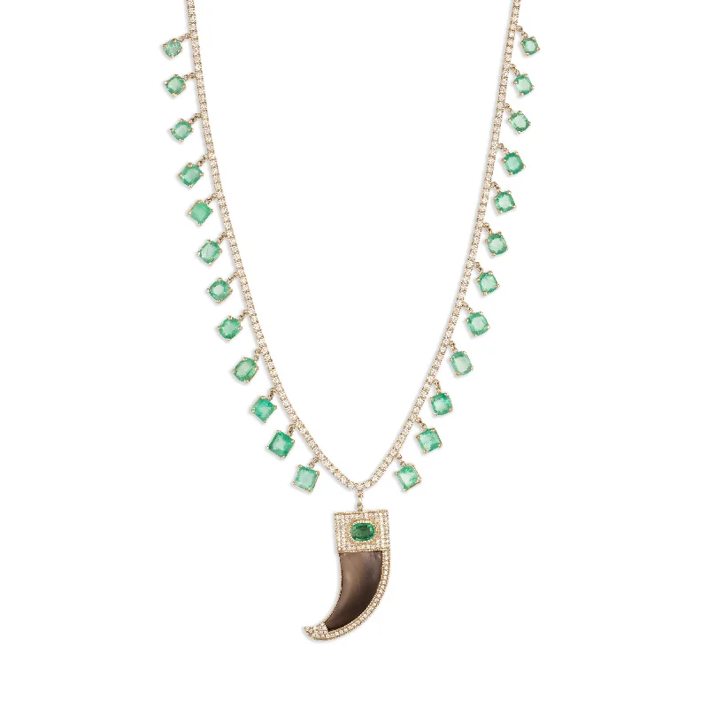 PAVE EMERALD CENTER CAP CLAW CHARM + EMERALD SHAKER TWIGGY DIAMOND NECKLACE