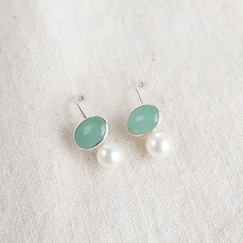 Trendy Earrings For Fashion-Forward Women-Oval Aventurine Cabochon & White Pearl Earrings