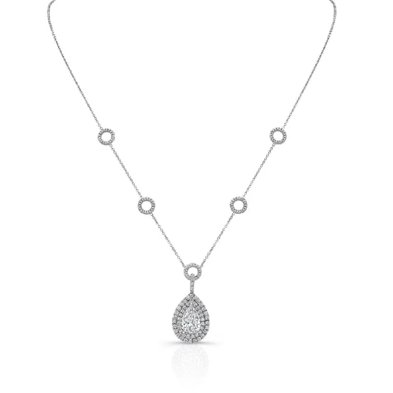 Uneek Pear-Shaped Diamond Pendant Necklace with Double Halo and Pave Hollow Disc Stations