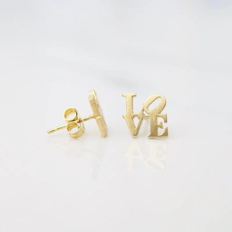 Vintage Crystal Earrings For Antique Style-Matte Gold Vermeil LOVE Stud Earrings