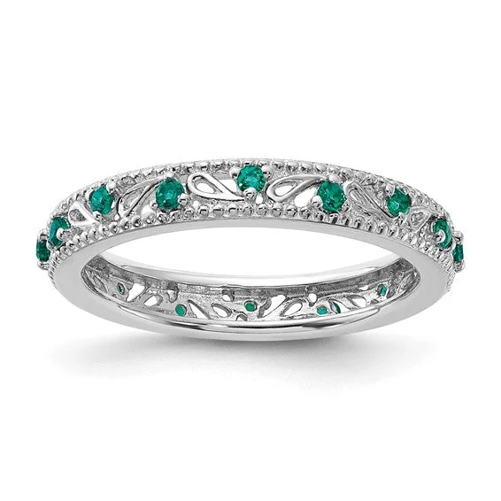 Custom Birthstone Rings For Personalized Jewelry-Sterling Silver Stackable Expressions Created Emerald Filigree Ring