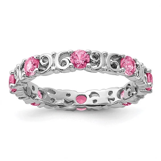 Sparkling Wedding Rings For Bridal Glamour-Sterling Silver Stackable Expressions Pink Sapphire Filigree Ring