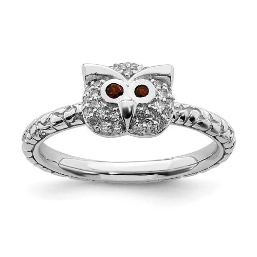 Simple Engagement Bands For Subtle Style-Sterling Silver Stackable Expressions Garnet & Diamond Owl Ring