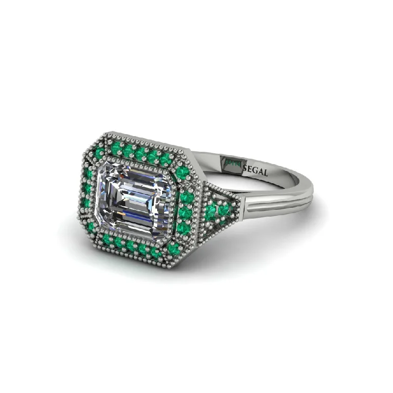 Stunning Platinum Rings For Special Occasions-Emerald Cut Diamond Milgrain Halo Engagement Ring - Juniper No. 18