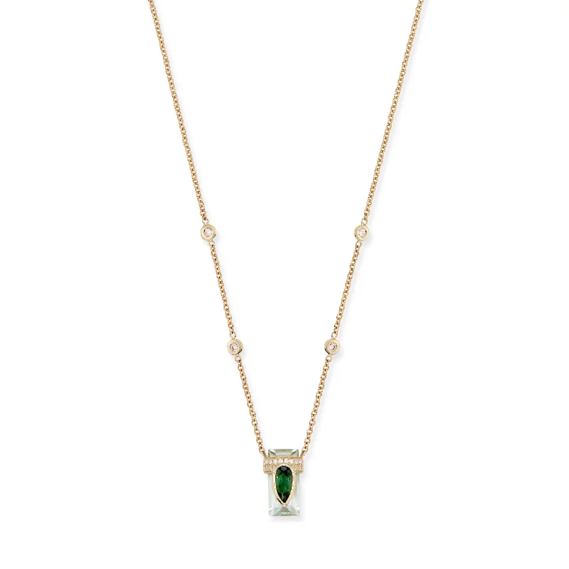 PAVE LARGE GREEN TOURMALINE TEARDROP CAP + LIGHT GREEN TOURMALINE ELONGATED BAGUETTE NECKLACE