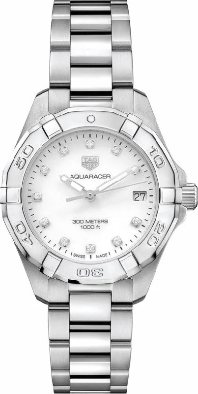 Stylish Travel Watches For On-the-Go Fashion-Tag Heuer White Pearl & Diamond Dial Ladies Aquaracer