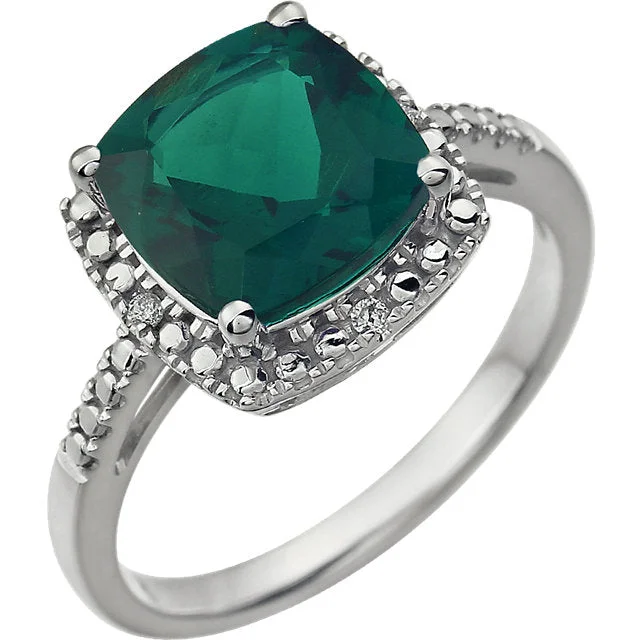 Timeless Gemstone Wedding Rings For Brides-14k White Gold 9mm Cushion Cut Created Emerald & Diamond Halo-Style Ring